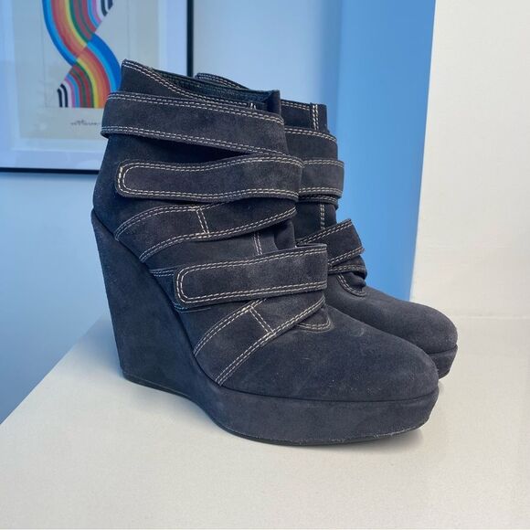 Stuart Weitzman Wildchild Dark Gray Suede Platform Wedge Ankle Booties - Picture 3 of 11